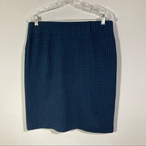 J. Jill Ponte Blue Houndstooth Faux Wrap Pull On Pencil Skirt Sz M Petite - Picture 2 of 3